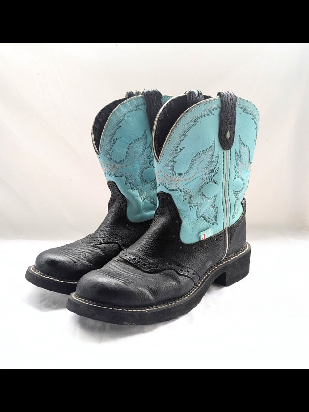 Justin Boots Black and Turquoise Leather Cowgirl Ankle Booties